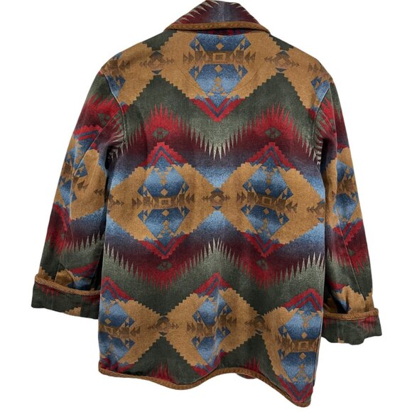 Vtg Jones New York Med Sport Aztec Western Print Open Front Coat Brushed Denim - Picture 2 of 6